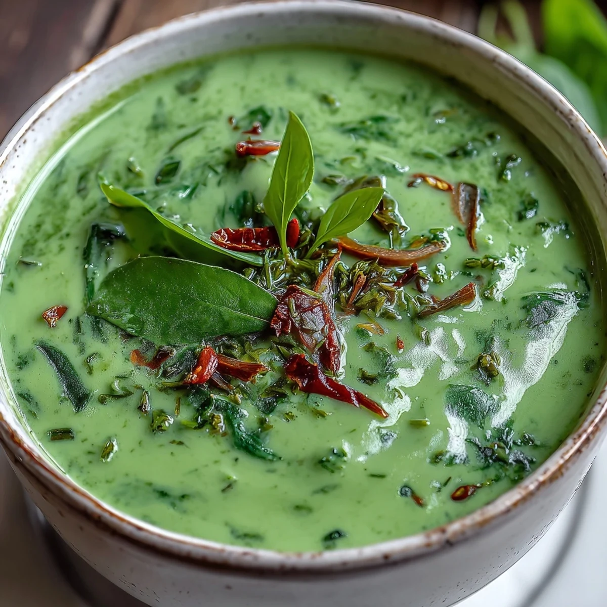 Creamy Spinach Coriander Lemongrass Soup in a white bowl, garnished with fresh cilantro and red chili slices.