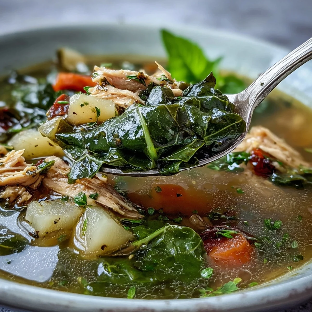 A steaming bowl of Collard Greens, Chicken and Vegetable Soup showcases tender shredded chicken, diced potatoes, and vibrant green collards in a clear broth, garnished with fresh herbs and a lemon wedge.