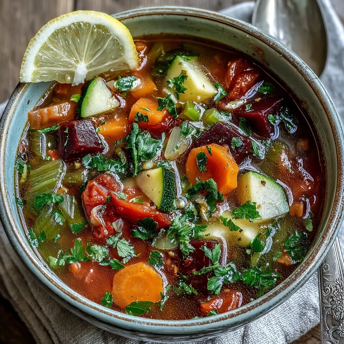 Garnished with fresh parsley, a warm bowl of Rainbow Vegetable Detox Soup pairs perfectly with crusty whole-grain bread. 