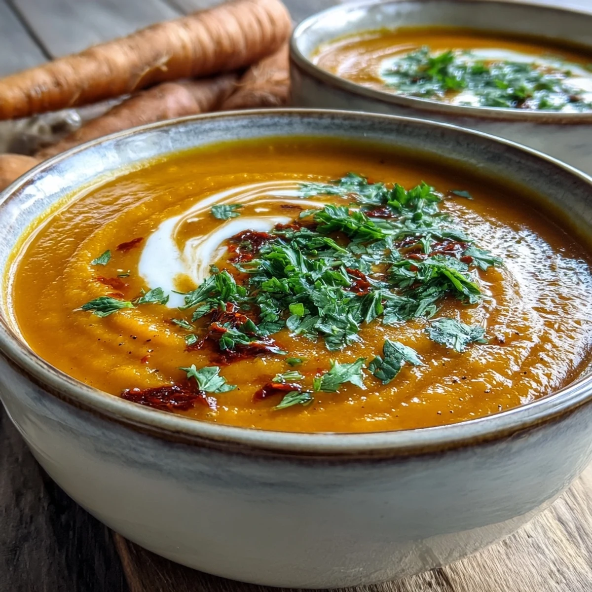 A bowl of creamy Carrot, Celeriac and Chilli Soup topped with fresh cilantro and a coconut yogurt swirl.