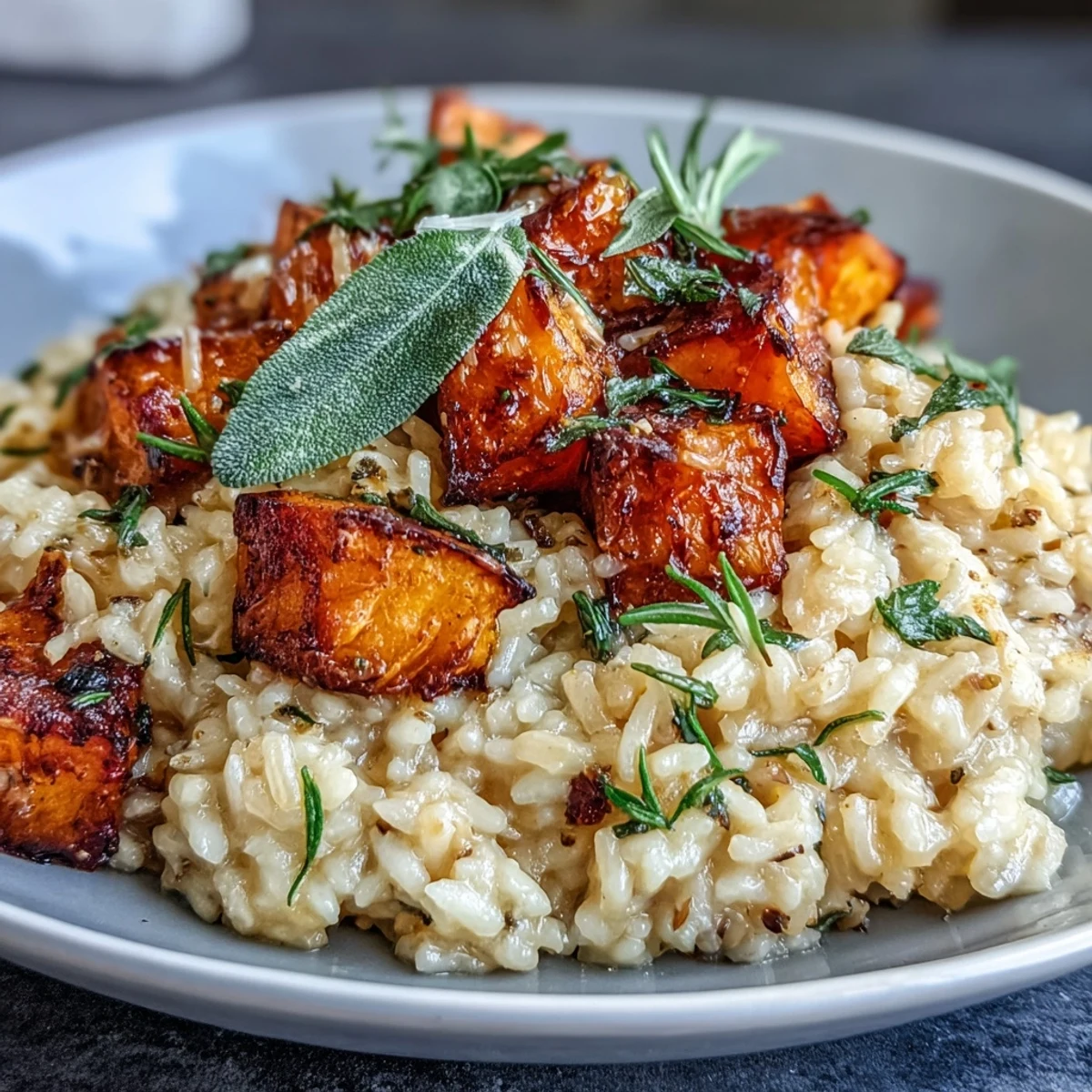 Stirring a pot of Vegan Pumpkin Risotto, where creamy arborio rice mingles with tender pumpkin cubes and aromatic fried sage for a warm, savory aroma.