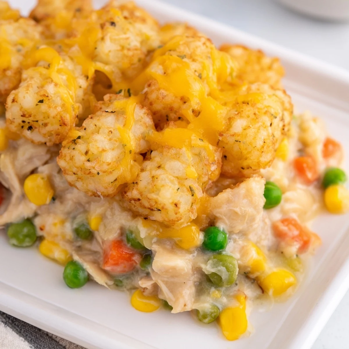 Golden-brown tater tots crown a hearty Tater Tot Chicken Pot Pie, a comforting family favorite.