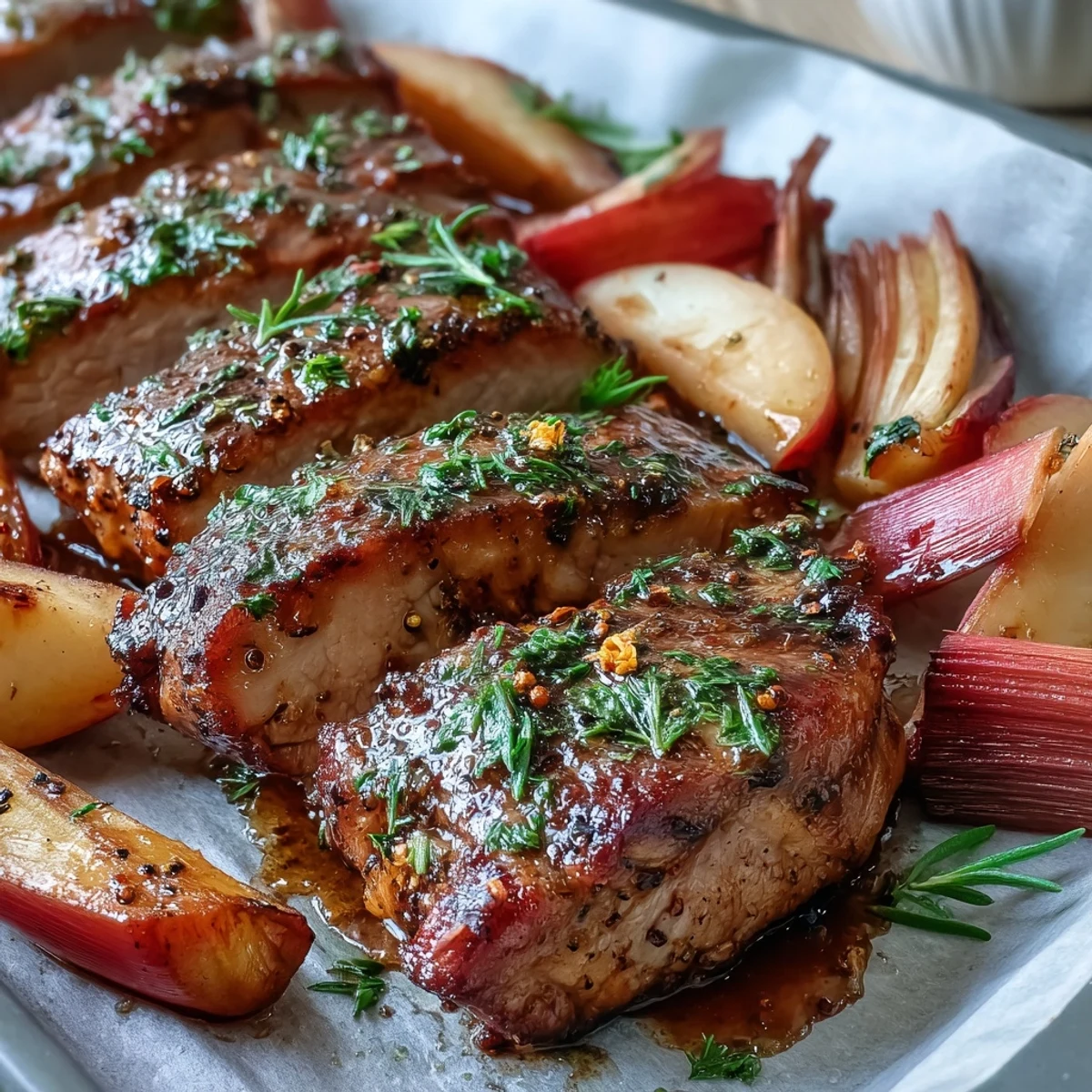 A close-up of Pork and Aromatic Rhubarb Traybake with golden pork slices nestled among tender, caramelized rhubarb pieces and red onion wedges on a baking sheet.  