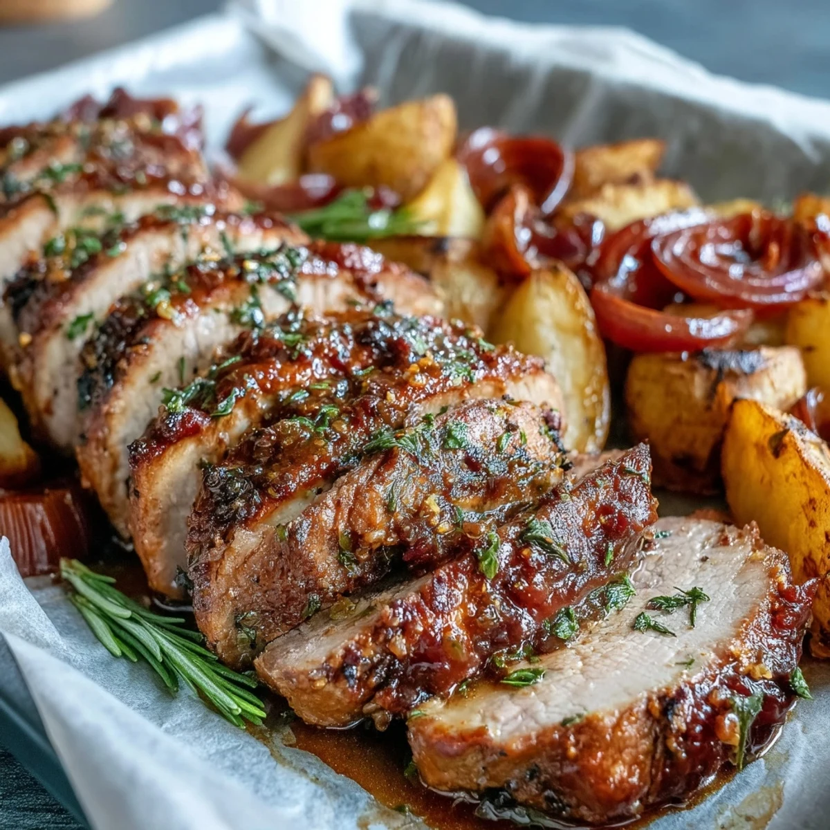 Succulent Pork and Aromatic Rhubarb Traybake served on a rustic platter, garnished with fresh parsley, with roasted potatoes and a green salad on the side.  