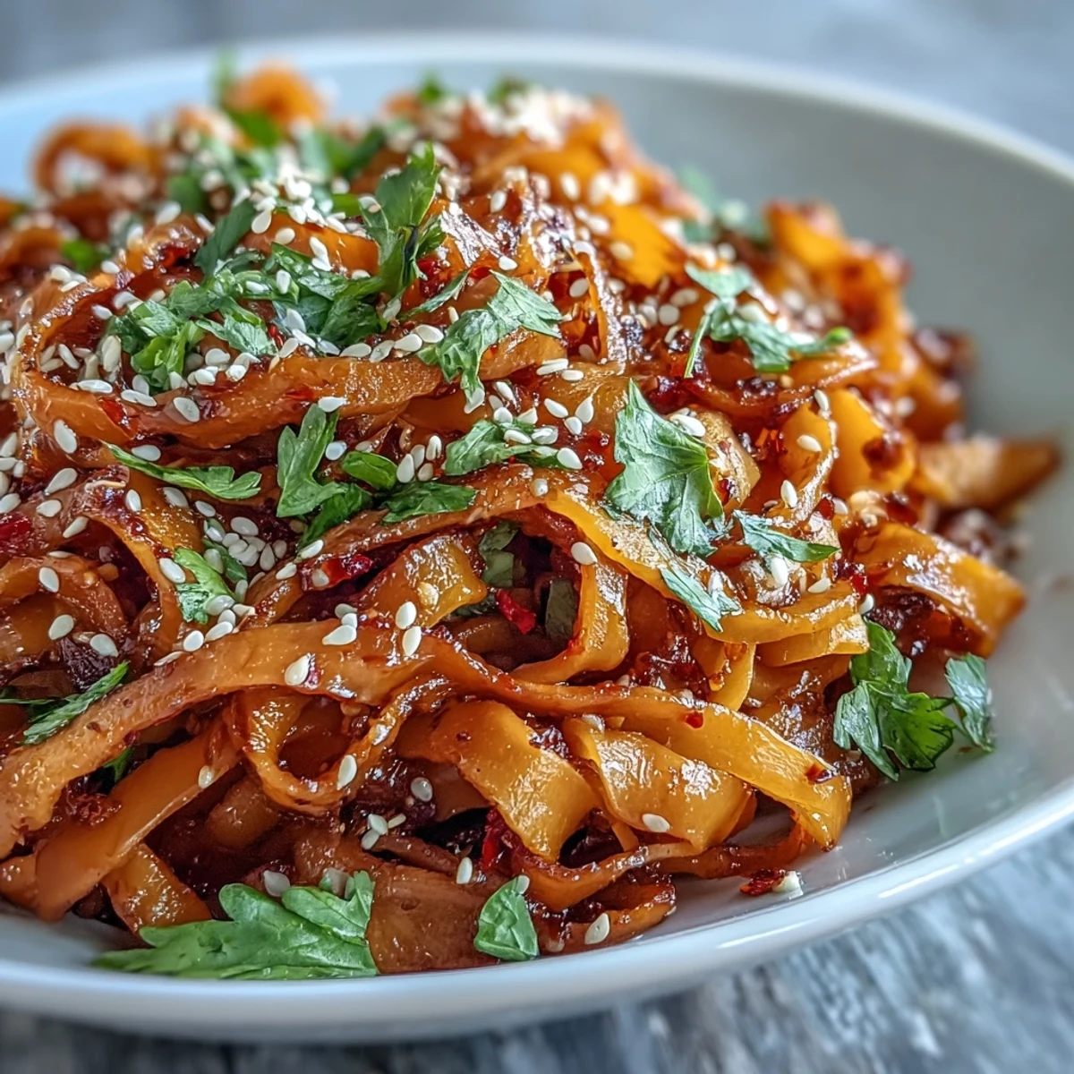 Golden roasted swede ribbons tossed in a spicy gochujang sauce with rice noodles and fresh cilantro.