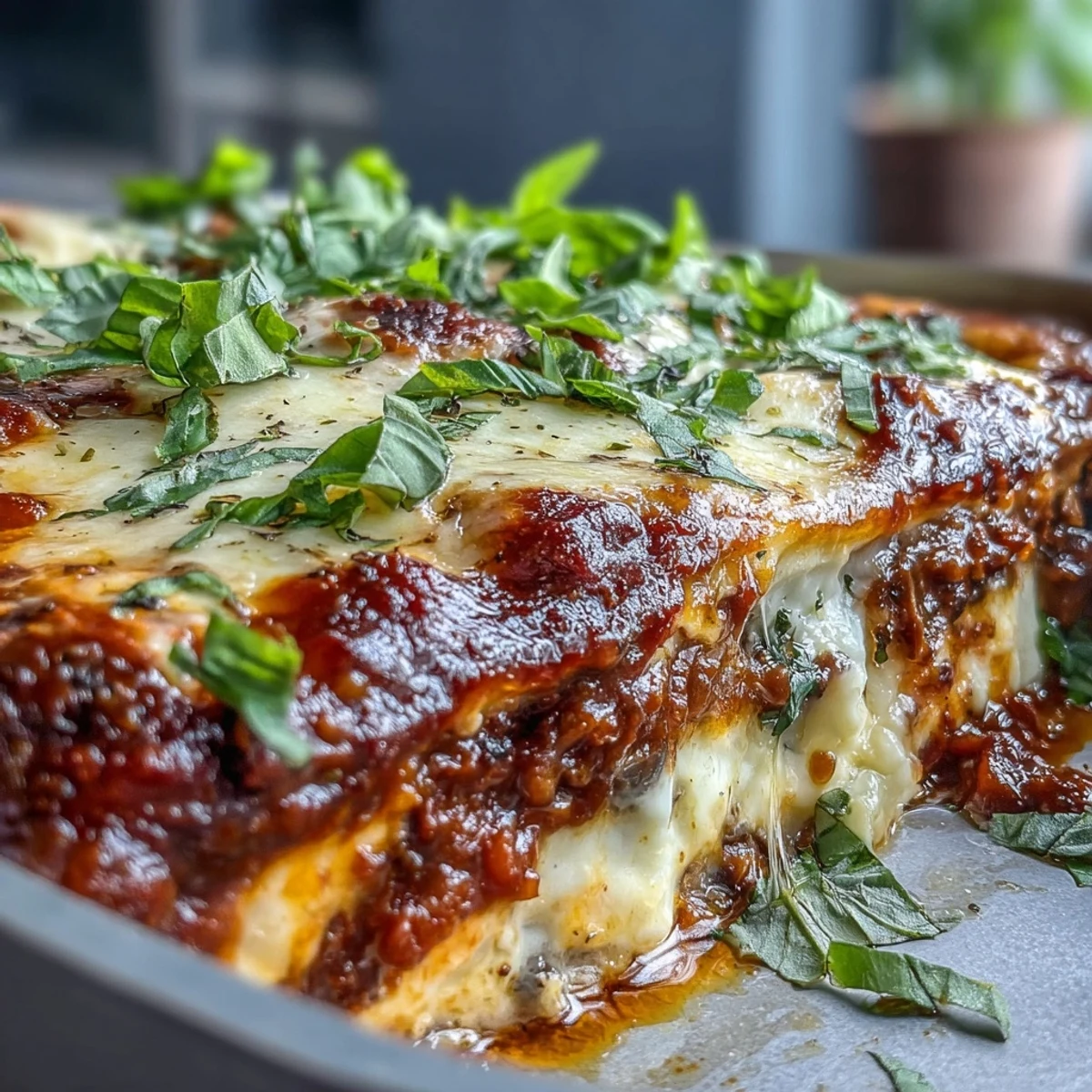 A rustic serving of One-Pan Smoky Veggie Lentil Lasagne with a green salad and crusty bread.