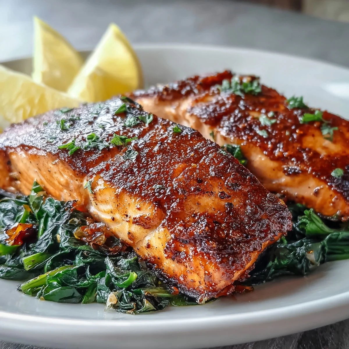 Air Fryer Salmon and Swiss Chard plated with extra-crisp skin and wilted greens.