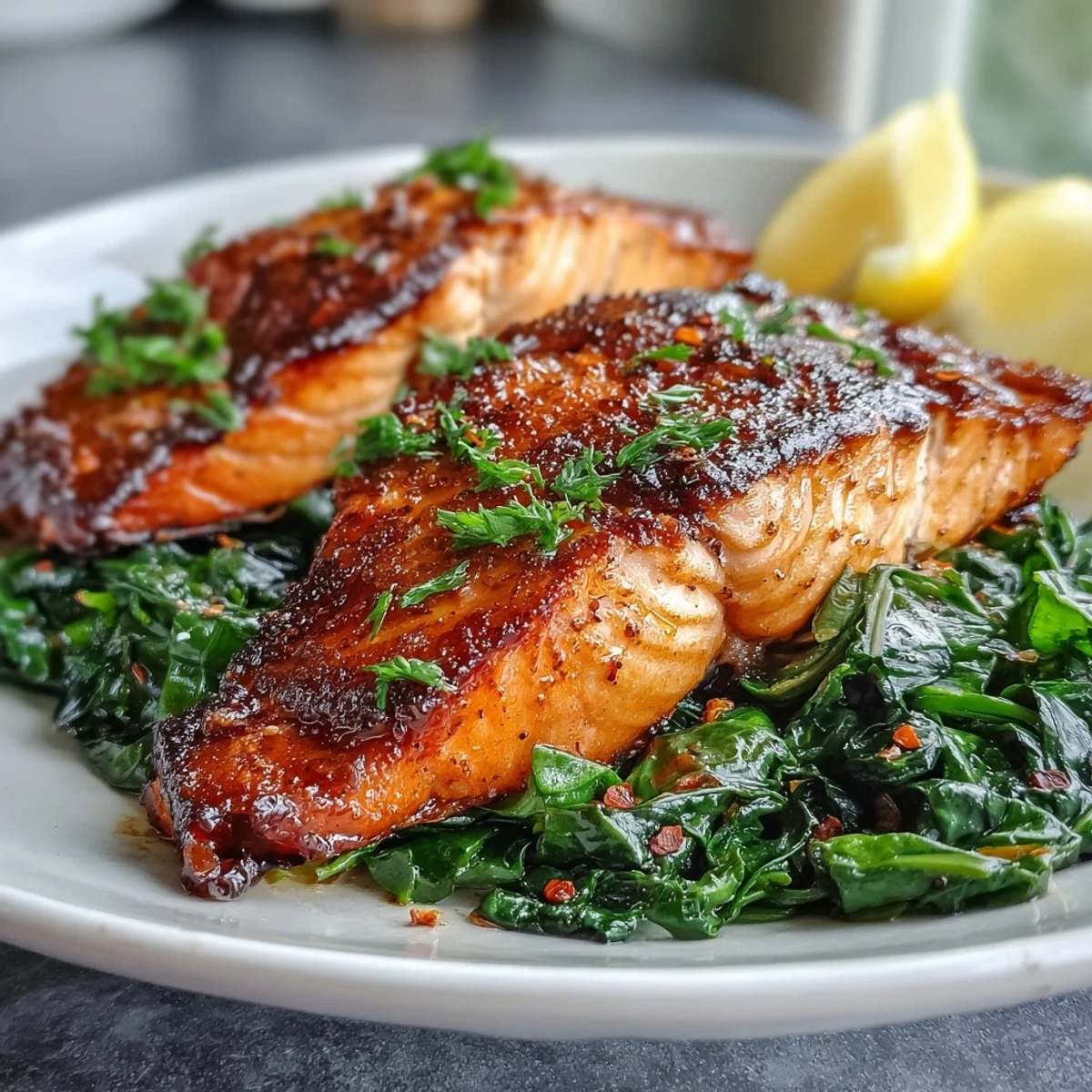 Air Fryer Salmon and Swiss Chard served with lemon wedges and garlic Swiss chard.