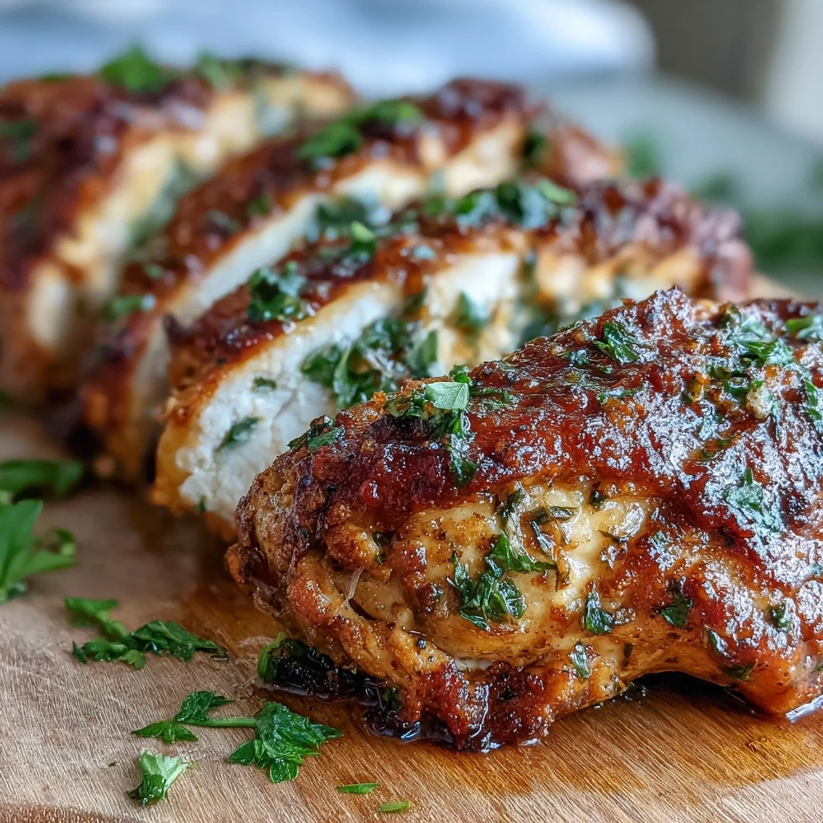 Golden-brown oven baked chicken breast seasoned with paprika and oregano, garnished with fresh parsley and lemon slices on a rustic wooden board.  