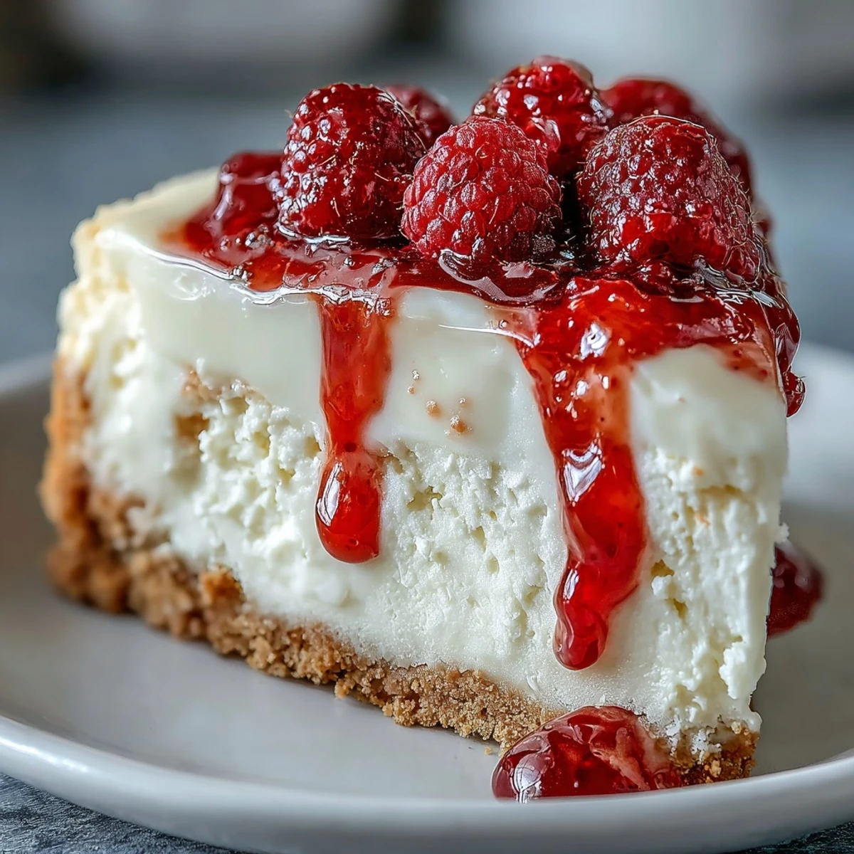 A slice of creamy white chocolate raspberry cheesecake with a buttery graham cracker crust and vivid red swirls sits on a white plate, ready to be served.