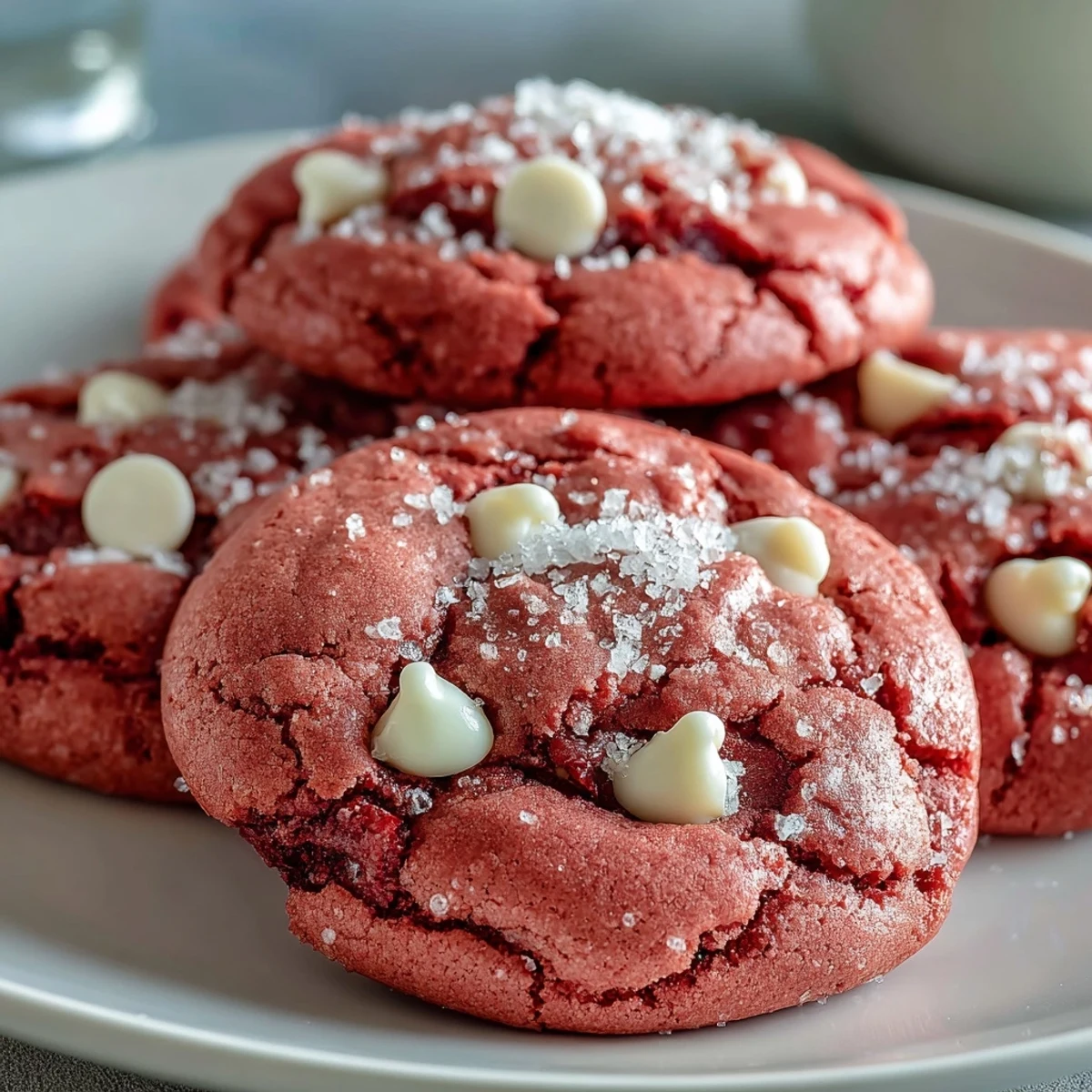Bright pink velvet cookies studded with creamy white chocolate chips, arranged on a cooling rack for a sweet treat.