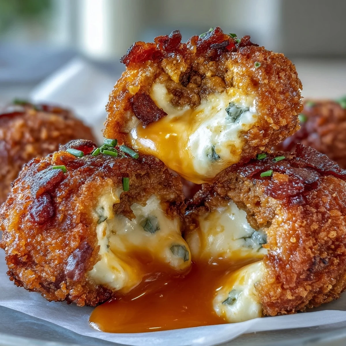 Golden-brown Buffalo Chicken Bacon Mozzarella Bombs sit on a platter, drizzled with buffalo sauce and sprinkled with extra bacon crumbles.  
