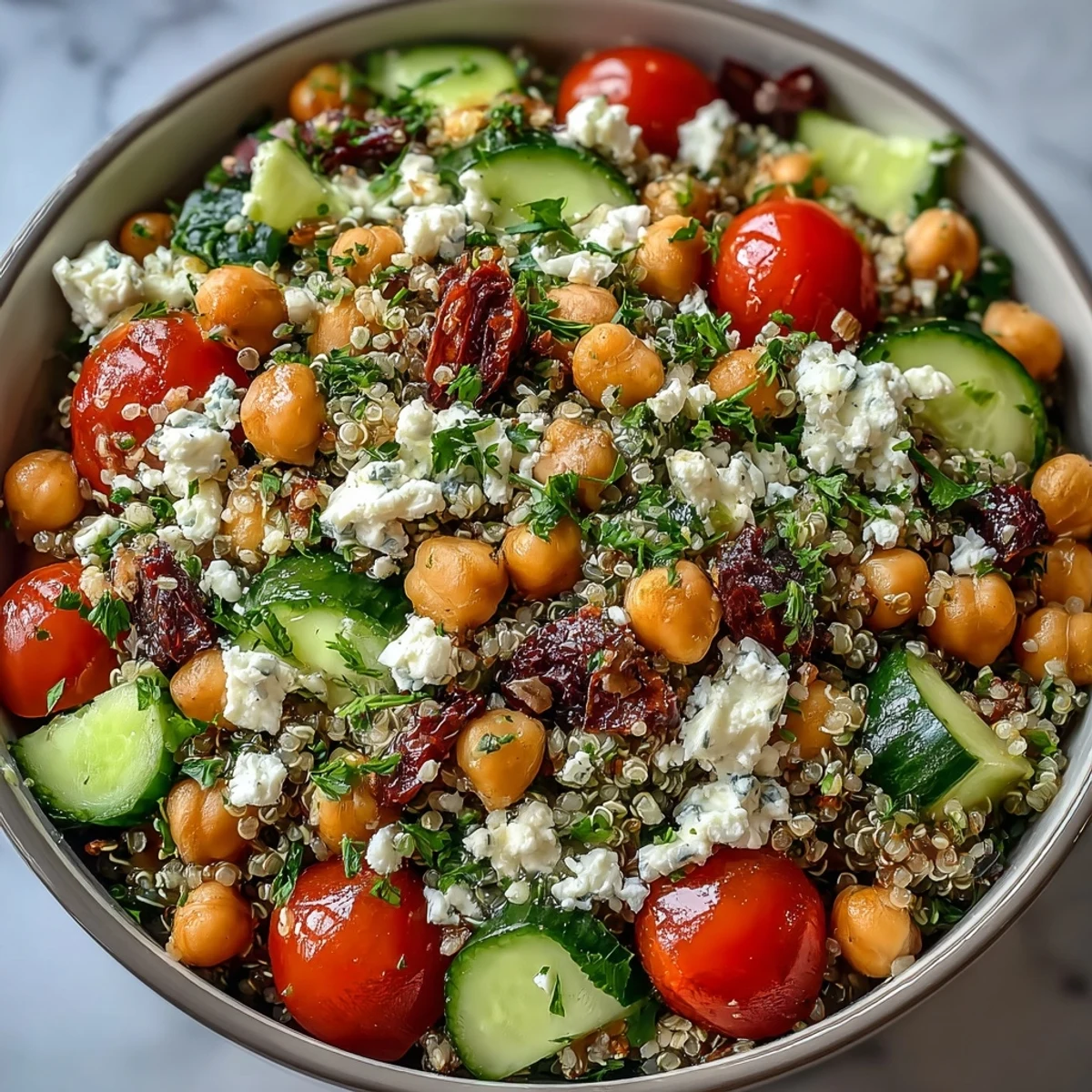 High Protein Quinoa & Chickpea Salad topped with crumbled feta, fresh parsley, and halved cherry tomatoes, served in a rustic ceramic bowl.