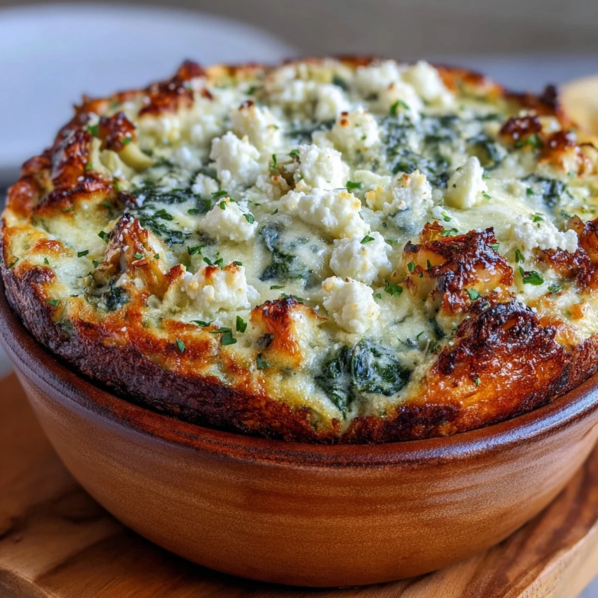 Sliced wedge of High Protein Spinach Artichoke Bake on a plate, showcasing a soft, custardy texture and melted feta.