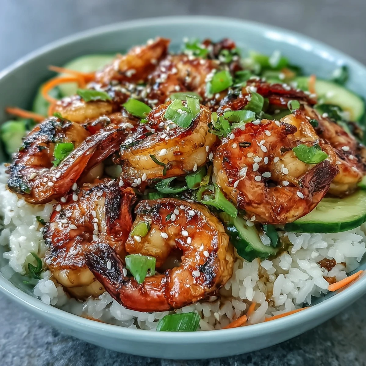 Sizzling Asian Shrimp Bowl with grilled shrimp, crisp veggies, and ginger-sesame dressing over fluffy jasmine rice.  