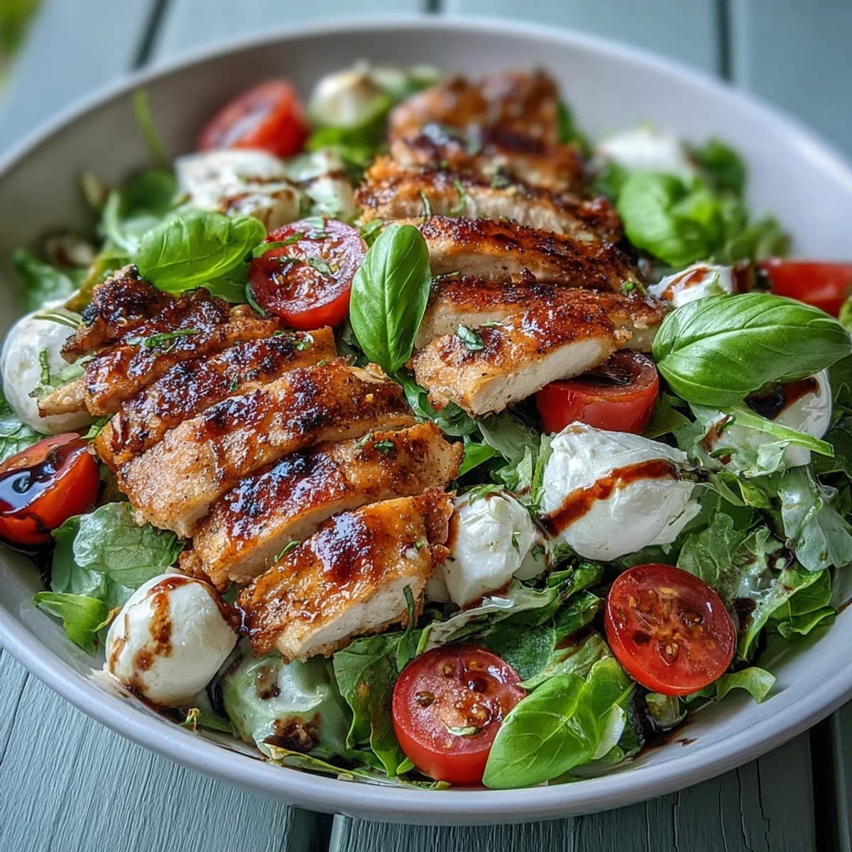 A plated Caprese Chicken Bowl with greens and chicken on a wooden table.