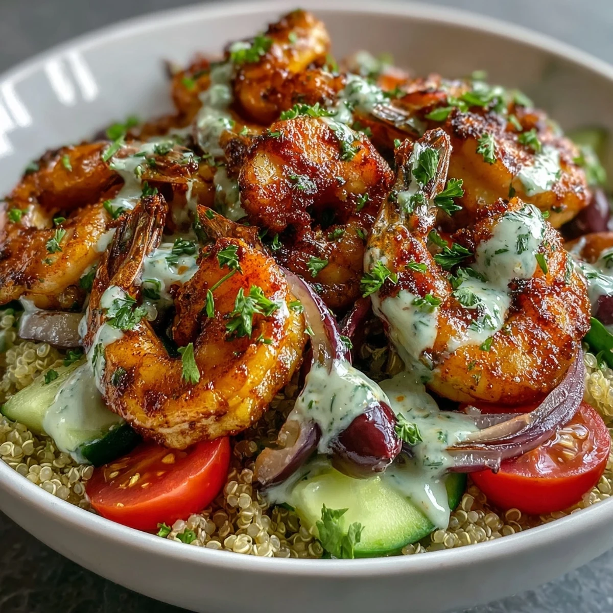 Healthy Mediterranean Shrimp Bowl served with lemon wedges and parsley, perfect for a quick, colorful weeknight dinner.