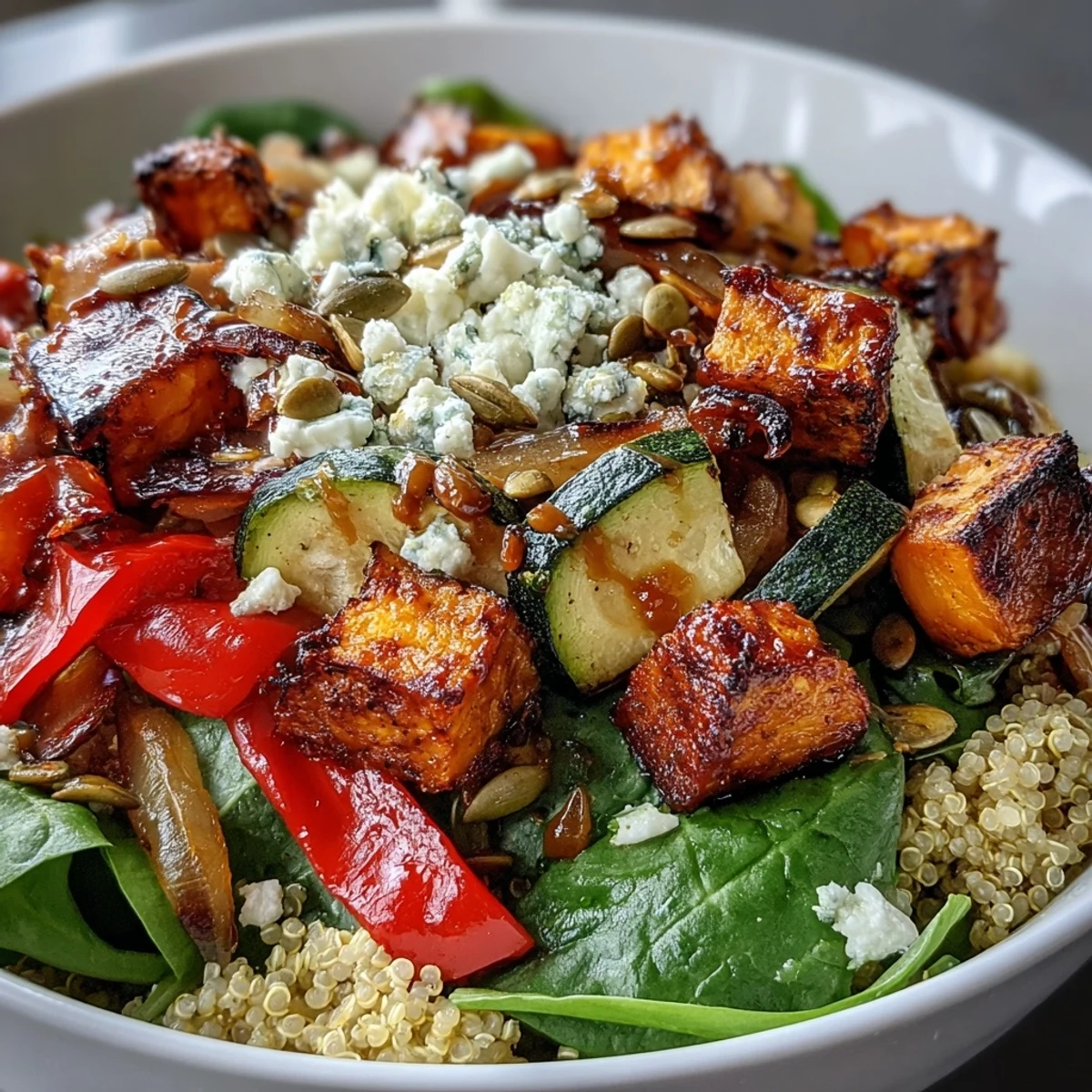 A top-down view of a warm salad bowl filled with quinoa, roasted sweet potato, red bell pepper, and wilted spinach, drizzled with vinaigrette and topped with feta.
