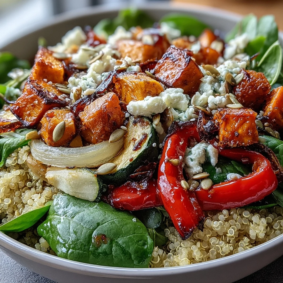 Close-up on the warm salad bowl showing golden roasted zucchini and red onion over greens, with toasted pumpkin seeds and crumbled goat cheese adding texture.