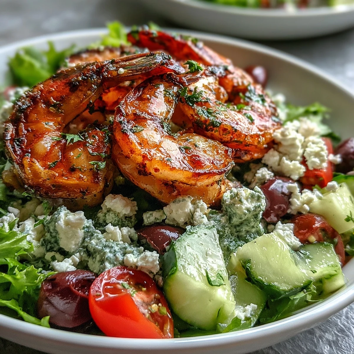 Serving suggestion for a fresh Greek Shrimp Bowl with vibrant vegetables and a bright lemon dressing.