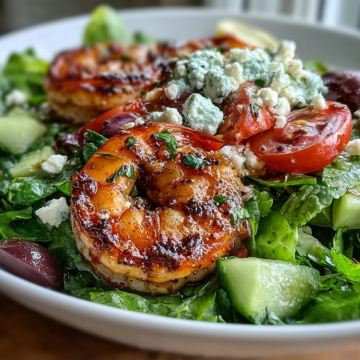 Colorful Greek Shrimp Bowl featuring juicy grilled shrimp, crumbled feta, crisp cucumber, and Kalamata olives.