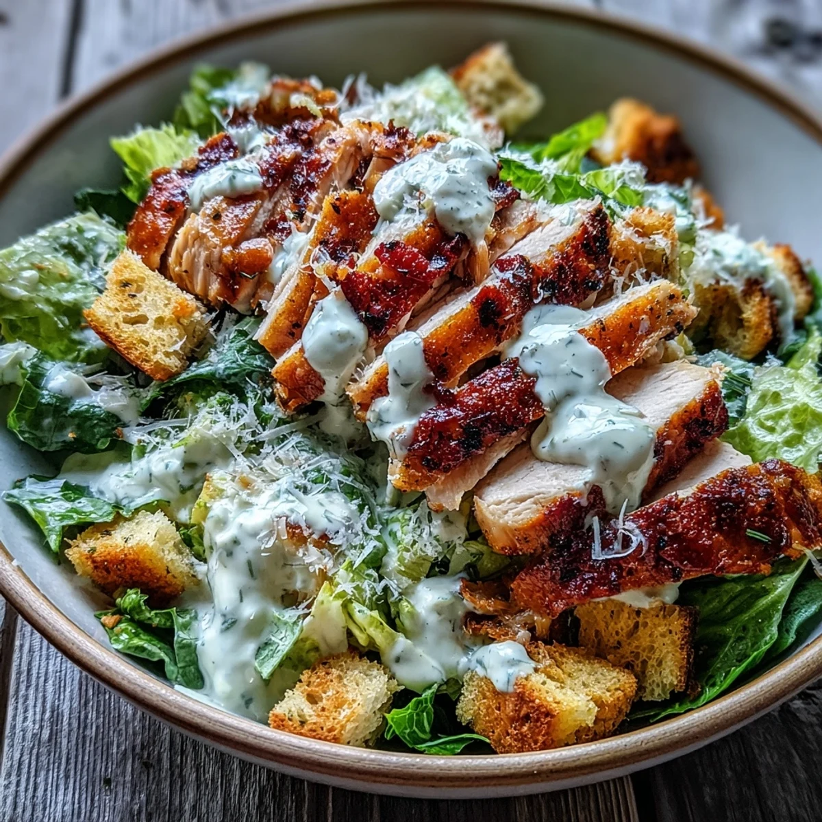 A fork lifts a bite of the Caesar Chicken Bowl, showing juicy chicken and creamy dressing coating the bright lettuce.