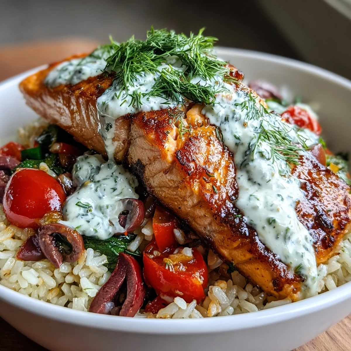 A vibrant serving of crispy rice salmon bowl with zesty lemon-yogurt sauce, alongside a glass of chilled Sauvignon Blanc.