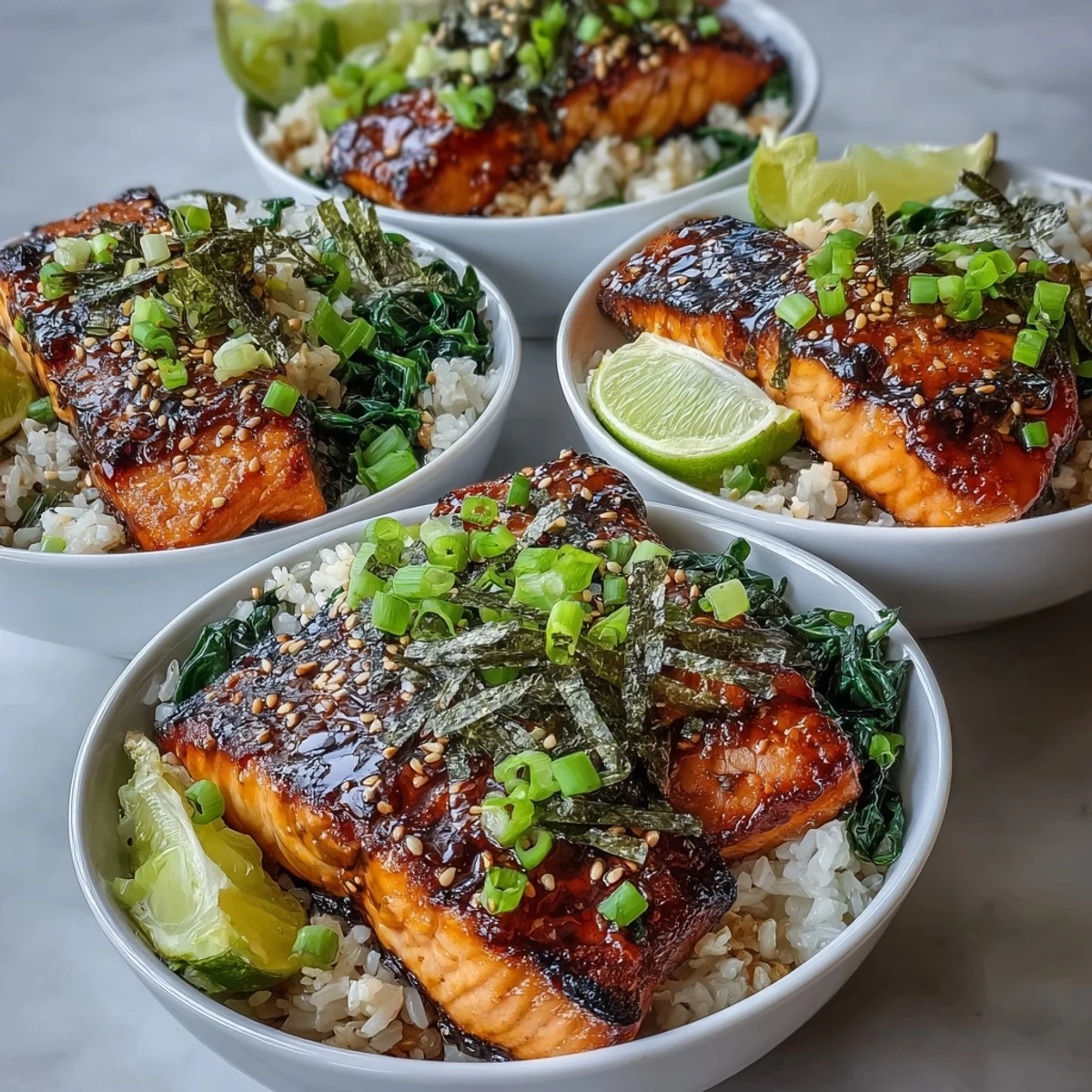 Flaky miso glazed salmon perched on fluffy jasmine rice, brightened with sautéed spinach and garnished with sesame seeds and scallions.