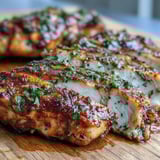 Juicy, herb-seasoned oven baked chicken breast sliced on a white plate, perfect for weeknight dinners or healthy meal prep.  
