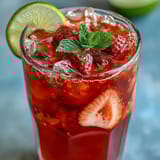 Refreshing strawberry agua fresca served over ice with a sprig of mint.