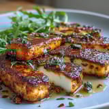 Golden-brown halloumi cheese with hot honey glaze, perfect appetizer with a kick of heat and sweetness.