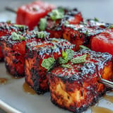 Golden halloumi skewers alongside sweet watermelon and bright mint leaves, grilled.