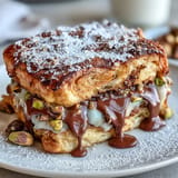 Baked Dubai Chocolate Pistachio Croissant French Toast dusted with powdered sugar, ready to eat.