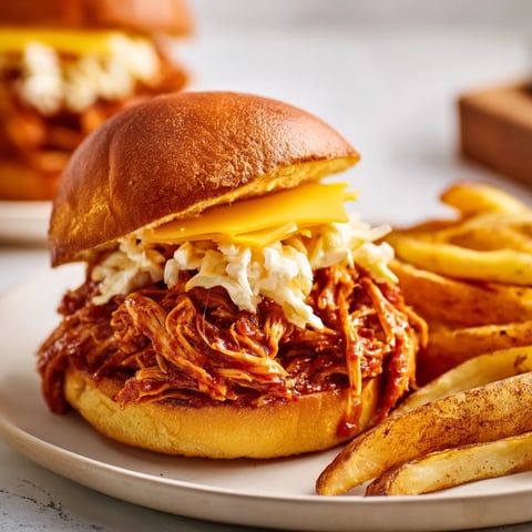 Forkful of juicy BBQ chicken sliders piled high with cheese and coleslaw, alongside golden fries.