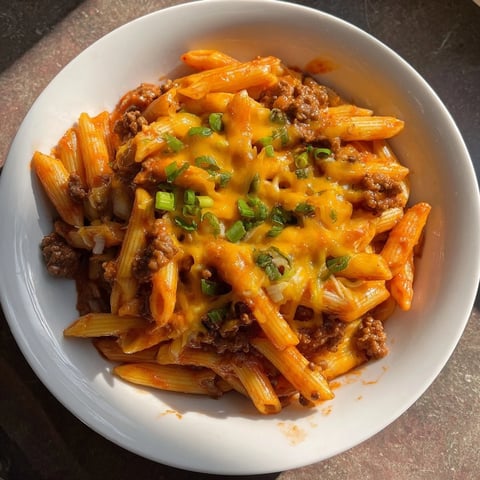 Easy Beef Enchilada Pasta, a one-pot meal, featuring melted cheddar and savory ground beef.