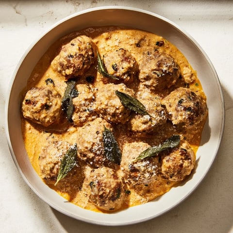 Golden brown turkey meatballs swimming in a rich and creamy pumpkin sage sauce.