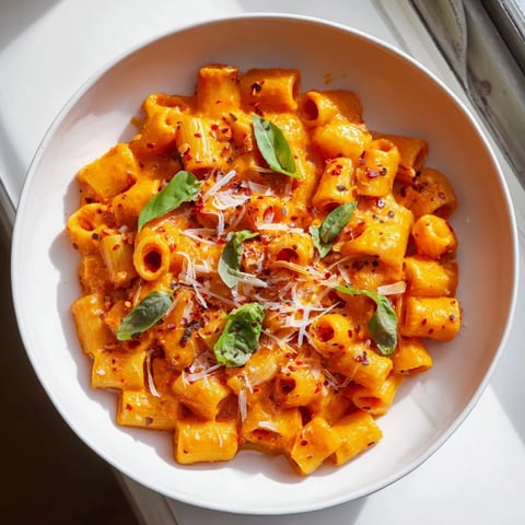 Close-up photo of creamy Spicy Vodka Sauce Ditalini, garnished with fresh basil leaves.