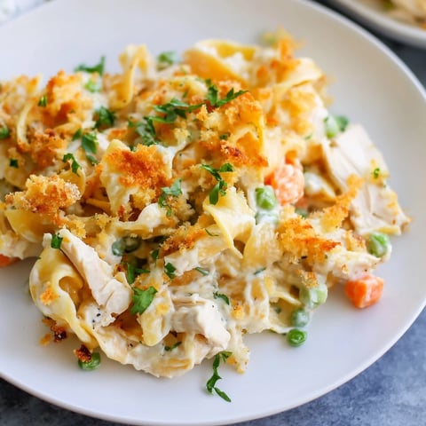 Golden, bubbly Baked Cream of Chicken Noodle Soup Pasta, a comforting family meal ready to serve.