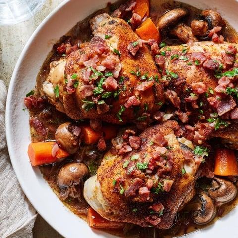 Tender Instant Pot Coq au Vin Style Chicken Thighs with rich red wine sauce and crispy bacon topping.