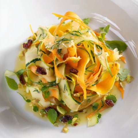 Layered Pistachio and Cranberry Salad features colorful vegetable ribbons and crunchy pistachios in a bright bowl.