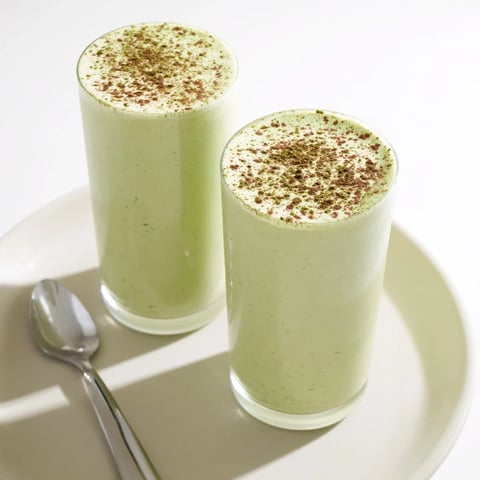 Creamy Matcha Eggnog Collagen Breakfast Smoothie swirled in a glass, ready for a festive breakfast.