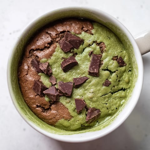 Steaming hot Matcha Peppermint Brownie Batter Mug Cake, a quick and easy single-serve dessert.