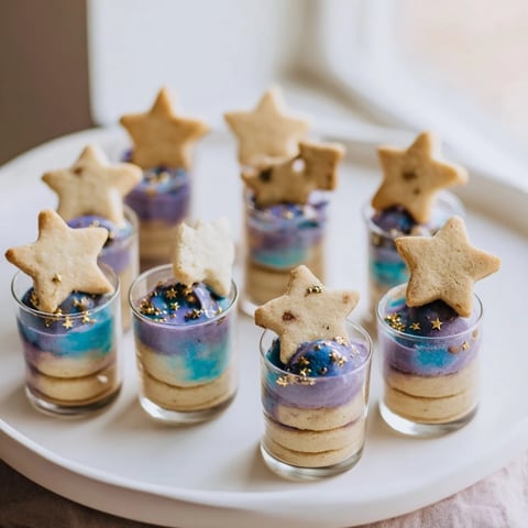 A delicious Stargazers Dessert Platter, featuring star-shaped shortbread and galaxy mousse that's out of this world.
