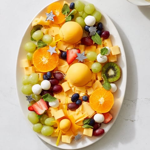 Whimsical Comet & Planet Grazing Tray with colorful fruits and cheeses, an easy party appetizer.