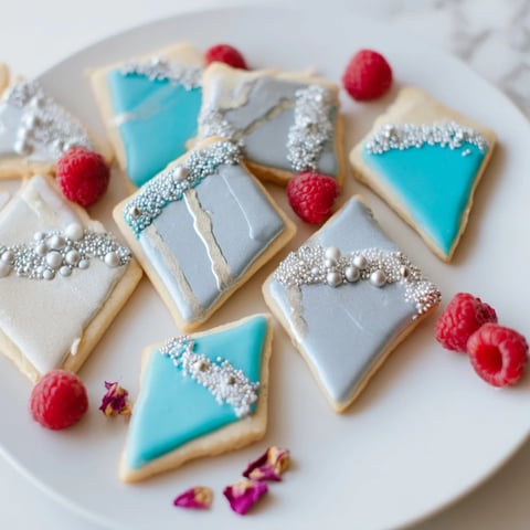 Shiny diamond-shaped Engagement Ring Diamond Dessert Tray cookies sparkle with edible glitter and silver dragées.