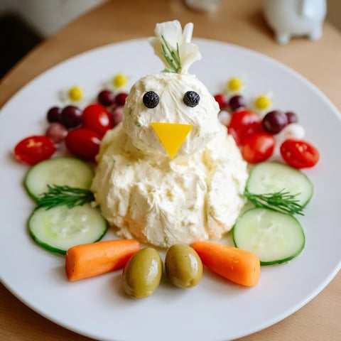 Peace Dove Christmas Olive Platter with creamy cheese dove and vibrant olive, tomato, and cucumber arrangement.