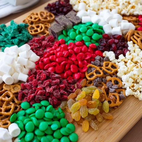 Festive Elf Snack Trail Mix Board overflowing with colorful candies and assorted treats for a holiday snack.