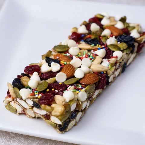 Close-up of a Winter Wonderland Trail Mix Bar, showing nuts, berries, and white chocolate drizzle.