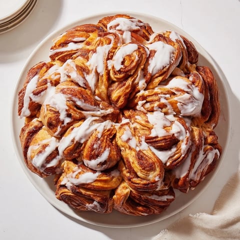 Fluffy and golden Giant Snowflake Sweet Rolls, iced and ready for a holiday breakfast table.