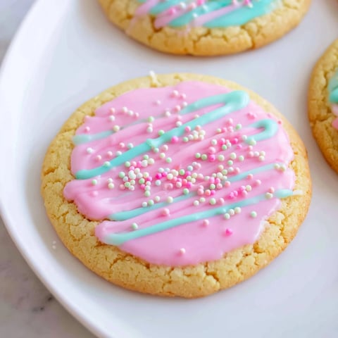 Golden-edged sugar cookies drizzled with vibrant pink icing, ready for a sweet bite.